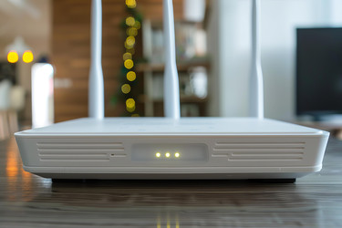 Белый Wi-Fi роутер, стоящий на деревянном столе со светящимися лампочками в уютной квартире - yliv