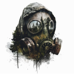 Person wearing gas mask reflecting forest with double exposure effect - yliv