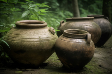 Ancient ceramic pots old objects. Historic ornamental ceramics vessel container. Generate Ai - yliv
