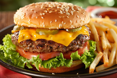 Juicy cheeseburger with lettuce, tomato, pickles, and melted cheese is served on a sesame seed bun with french fries - yliv