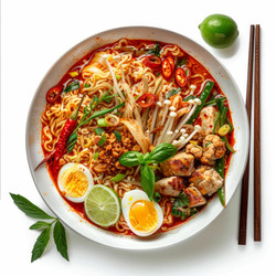 Bowl of spicy asian noodle soup with chicken, enoki mushrooms, eggs, lime and chili peppers, garnished with fresh herbs - yliv