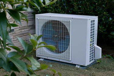 Heat pump is standing outside a single family home on a sunny day - yliv
