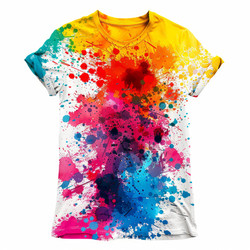 Vibrant and colorful paint splatter design printed on a white t shirt, ideal for expressing creativity and enjoying summer festivals - yliv