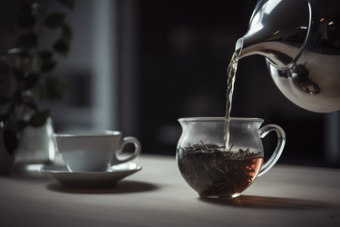 Grey herbal tea infusion. Pouring hot water on dried aromatic leaves. Generate ai - yliv