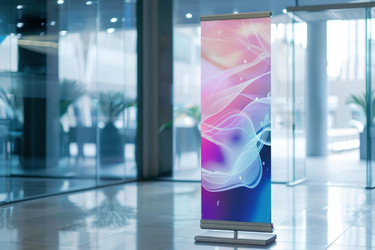 Blank roll up banner stand displaying abstract design in office lobby setting - yliv