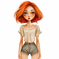 Cartoon illustration of a young girl with big eyes and freckles wearing a casual outfit - yliv