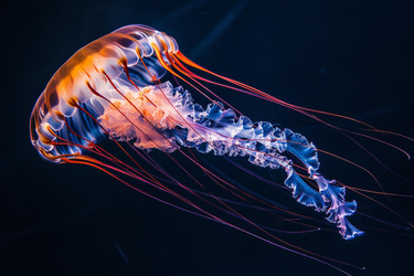 Luminous orange and purple jellyfish with long tentacles is gracefully swimming in dark water - yliv
