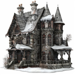 Victorian haunted mansion covered in snow during winter time - yliv