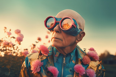 Retro futuristic senior man floral portrait. Fashionable elderly male with artificial reality goggles. Generate ai - yliv