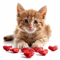 рыжий котенок лежит и играет с красными сердечками на белом фоне - yliv