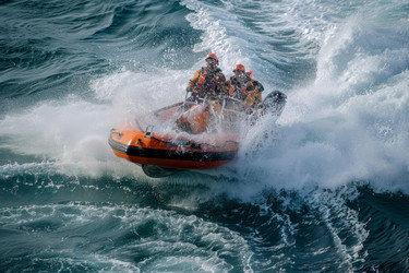 Coast guard team is riding a speedboat on a rough sea during a rescue mission - yliv