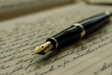 Elegant fountain pen lying on old handwritten letter with shallow depth of field - yliv