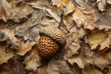 Golden acorn resting on bed of autumn leaves - yliv