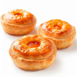 Three delicious round apricot pastries presenting a golden glaze on white background - yliv