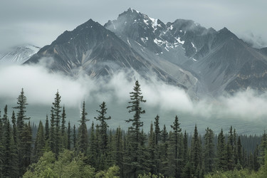 Low clouds are rolling over a dense pine forest with a tall mountain peak in the background - yliv