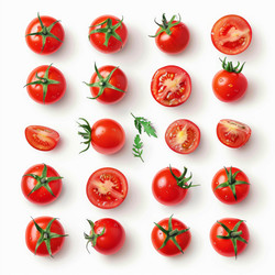 Fresh red cherry tomatoes and slices with water droplets on white background - yliv