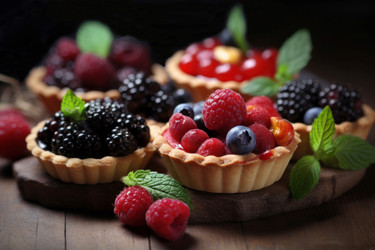 Tartlets with fresh different berries decorations. Generate ai - yliv