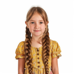 Portrait of a smiling little girl with long braided hair wearing a yellow dress standing on a white background - yliv