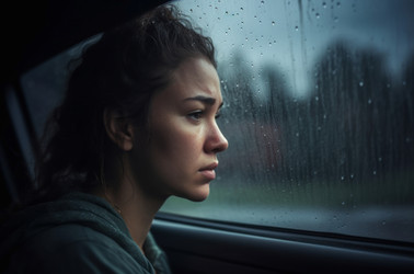 Sad woman in vehicle backseat. Upset lady inside of transport car. Generate ai - yliv