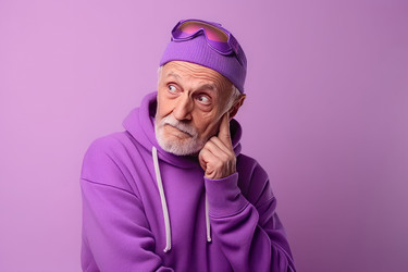 Elderly man wearing violet sporty hoodie vivid style. Generate Ai - yliv