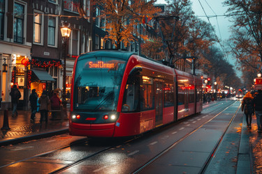 Red tram driving through a city street in amsterdam, netherlands, during a rainy autumn evening - yliv