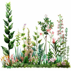 Botanical illustration showcasing a variety of lush green leaves and colorful flowers forming a beautiful natural border on a clean white background - yliv