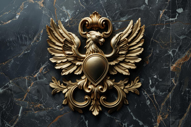 Golden eagle sculpture with shield on black marble background - yliv