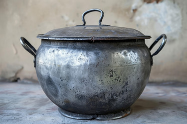 старая металлическая кастрюля с крышкой, на которой видны следы износа, вызывает чувство ностальгии и истории - yliv