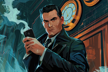 Иллюстрация серьезного шпиона, использующего смартфон ночью под дождем - yliv