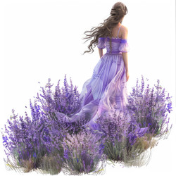 Woman with long brown hair wearing a flowing violet dress walking through a field of lavender flowers - yliv