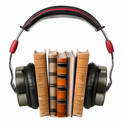 наушники, удерживающие вместе группу старых книг на белом фоне, символизирующие аудиокниги и новые технологии - yliv