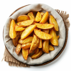 Delicious roasted potato wedges with spices in a wooden bowl - yliv