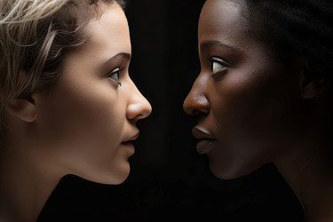 Side view of black and white woman gazing to each other. Female profile portrait eye contact moment. Generate ai - yliv
