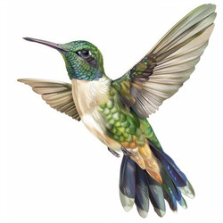 Colorful hummingbird with iridescent green feathers and long beak flying, showing off its beauty - yliv