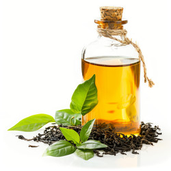 Glass bottle of tea tree essential oil with fresh tea leaves on white background - yliv