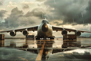 Cargo airplane standing on wet runway during a rainy day, reflecting on the tarmac under a dramatic sky - yliv