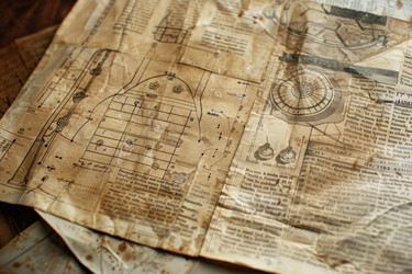 Old technical drawing lying on table covered with stains and showing age - yliv