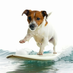 Jack russell terrier dog surfing ocean wave on a surfboard isolated on white background - yliv