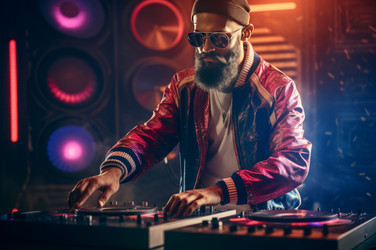 Concert of fashionable DJ in retro techno club. Generate Ai - yliv