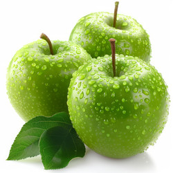 Three green apples covered with water droplets resting on white - yliv