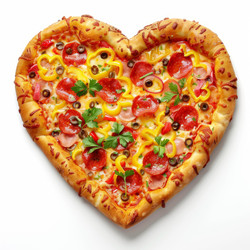 Freshly baked heart shaped pizza with melted cheese, pepperoni, peppers, olives and parsley on white background - yliv