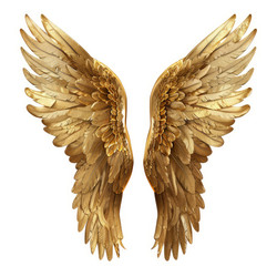 Majestic pair of spread open golden angel wings is standing on a white background - yliv