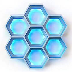 Abstract 3d geometric hexagon shapes forming honeycomb pattern with blue light glowing on white background - yliv
