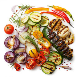 Delicious grilled vegetable skewers with rosemary and spices on white background - yliv