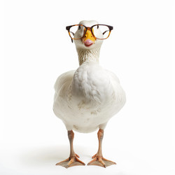 White goose wearing eyeglasses is standing on a white background, looking studious and intelligent - yliv