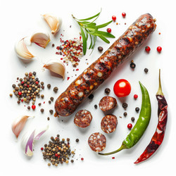 жареная колбаса на белом фоне с нарезанными кусочками чесноком, розмарином, помидорами черри и перцем чили - yliv