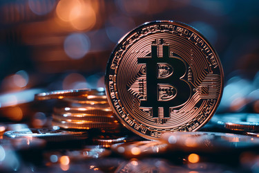 биткоин, выделяющийся на фоне других монет на материнской плате компьютера - yliv