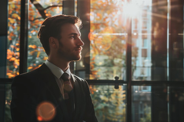 Confident young businessman looking through office window at sunset - yliv