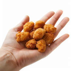 Hand is holding a handful of crispy golden brown fried chicken nuggets - yliv