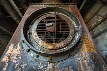 Close up of a vintage industrial extractor fan showing rust and decay from years of use - yliv